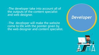 -The developer take into account all of
the outputs of the content specialist
and web designer.
-The developer will make the website
come to life with the pointer given by
the web designer and content specialist.
Developer
 