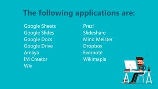 The following applications are:
Google Sheets Prezi
Google Slides Slideshare
Google Docs Mind Meister
Google Drive Dropbox
Amaya Evernote
IM Creator Wikimapia
Wix
 