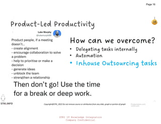 STKI.INFO
16
Copyright@STKI_2022 Do not remove source or attribution from any slide, graph or portion of graph
Product-Led Productivity
Productplan.com
How can we overcome?
• Delegating tasks internally
• Automation
• Inhouse Outsourcing tasks
123rf.com
STKI IT Knowledge Integrators
Company Confidential
Page 16
 