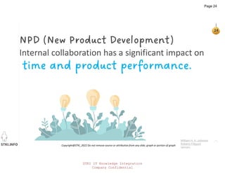 STKI.INFO
24
Copyright@STKI_2022 Do not remove source or attribution from any slide, graph or portion of graph
NPD (New Product Development)
Internal collaboration has a significant impact on
time and product performance.
William H. A. Johnson
Roberto Filippini
Iannaro
STKI IT Knowledge Integrators
Company Confidential
Page 24
 