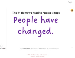 STKI.INFO
46
Copyright@STKI_2022 Do not remove source or attribution from any slide, graph or portion of graph
46
The #1 thing we need to realize is that
STKI IT Knowledge Integrators
Company Confidential
Page 46
 