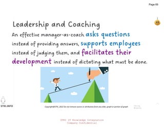 STKI.INFO
69
Copyright@STKI_2022 Do not remove source or attribution from any slide, graph or portion of graph
Leadership and Coaching
An effective manager-as-coach asks questions
instead of providing answers, supports employees
instead of judging them, and facilitates their
development instead of dictating what must be done.
hbr.org
insperity
STKI IT Knowledge Integrators
Company Confidential
Page 69
 