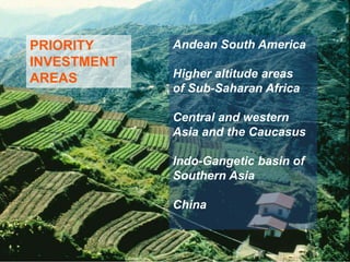PRIORITY 
INVESTMENT 
AREAS 
Andean South America 
Higher altitude areas 
of Sub-Saharan Africa 
Central and western 
Asia and the Caucasus 
Indo-Gangetic basin of 
Southern Asia 
China 
 