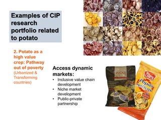 Examples of CIP 
research 
portfolio related 
to potato 
Access dynamic 
markets: 
• Inclusive value chain 
development 
• Niche market 
development 
• Public-private 
partnership 
2. Potato as a 
high value 
crop: Pathway 
out of poverty 
(Urbanized & 
Transforming 
countries) 
 