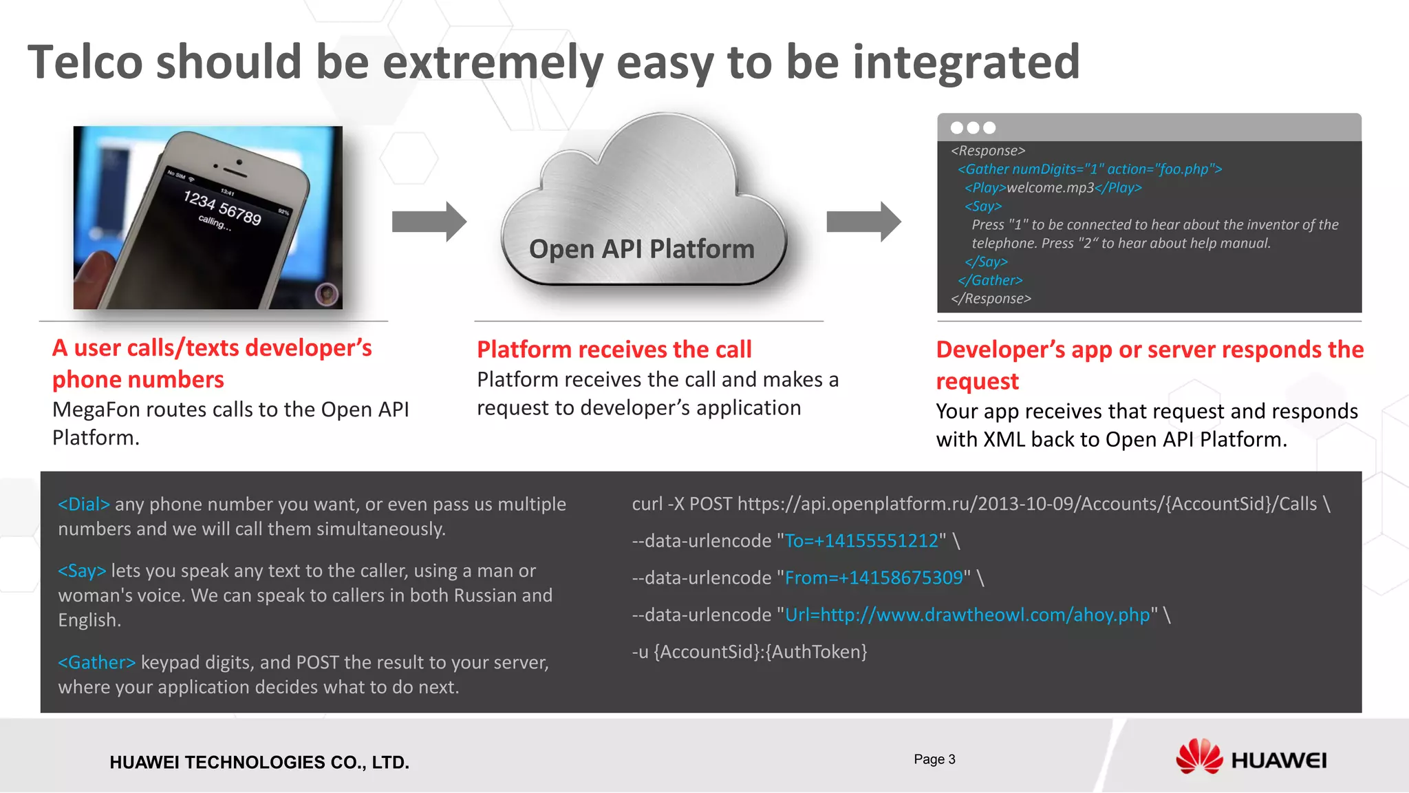 Telco should be extremely easy to be integrated

Open API Platform
A user calls/texts developer’s
phone numbers
MegaFon routes calls to the Open API
Platform.

Platform receives the call
Platform receives the call and makes a
request to developer’s application

<Response>
<Gather numDigits="1" action="foo.php">
<Play>welcome.mp3</Play>
<Say>
Press "1" to be connected to hear about the inventor of the
telephone. Press "2“ to hear about help manual.
</Say>
</Gather>
</Response>

Developer’s app or server responds the
request
Your app receives that request and responds
with XML back to Open API Platform.

<Dial> any phone number you want, or even pass us multiple
numbers and we will call them simultaneously.

curl -X POST https://api.openplatform.ru/2013-10-09/Accounts/{AccountSid}/Calls 

<Say> lets you speak any text to the caller, using a man or
woman's voice. We can speak to callers in both Russian and
English.

--data-urlencode "From=+14158675309" 

<Gather> keypad digits, and POST the result to your server,
where your application decides what to do next.

HUAWEI TECHNOLOGIES CO., LTD.
HISILICON SEMICONDUCTOR

--data-urlencode "To=+14155551212" 

--data-urlencode "Url=http://www.drawtheowl.com/ahoy.php" 
-u {AccountSid}:{AuthToken}

Page 3

 