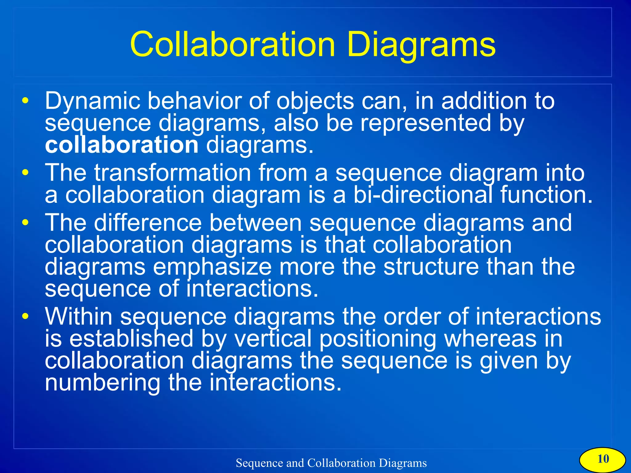 Collaboration Diagrams Dynamic behavior of objects can, in addition to sequence diagrams, also be represented by  collaboration  diagrams. The transformation from a sequence diagram into a collaboration diagram is a bi-directional function.  The difference between sequence diagrams and collaboration diagrams is that collaboration diagrams emphasize more the structure than the sequence of interactions. Within sequence diagrams the order of interactions is established by vertical positioning whereas in collaboration diagrams the sequence is given by numbering the interactions. 
