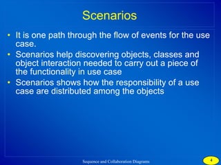Scenarios It is one path through the flow of events for the use case. Scenarios help discovering objects, classes and object interaction needed to carry out a piece of the functionality in use case Scenarios shows how the responsibility of a use case are distributed among the objects 