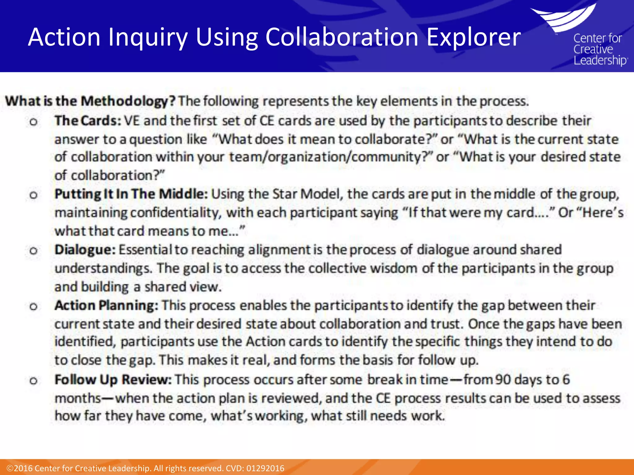 2016 Center for Creative Leadership. All rights reserved. CVD: 01292016
Action Inquiry Using Collaboration Explorer
 