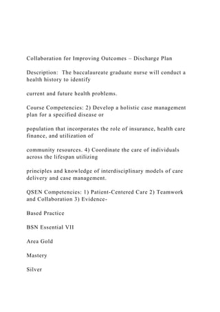 Collaboration for Improving Outcomes – Discharge Plan
Description: The baccalaureate graduate nurse will conduct a
health history to identify
current and future health problems.
Course Competencies: 2) Develop a holistic case management
plan for a specified disease or
population that incorporates the role of insurance, health care
finance, and utilization of
community resources. 4) Coordinate the care of individuals
across the lifespan utilizing
principles and knowledge of interdisciplinary models of care
delivery and case management.
QSEN Competencies: 1) Patient-Centered Care 2) Teamwork
and Collaboration 3) Evidence-
Based Practice
BSN Essential VII
Area Gold
Mastery
Silver
 
