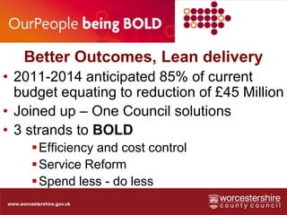 Better Outcomes, Lean delivery2011-2014 anticipated 85% of current budget equating to reduction of £45 Million
