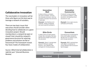 Collaborative Innovation
The new leaders in innovation will be
those who figure out the best way to
leverage a network of outsiders.
There are two basic issues that
executives should consider when
deciding how to collaborate on a given
innovation project: Should
membership in a network be open or
closed? And, should the network’s
governance structure for selecting
problems and solutions be flat or
hierarchical? This framework reveals
four basic modes of collaboration.
Source: Which kind of collaboration is
right for you? (Harvard Business
Review)
5
 