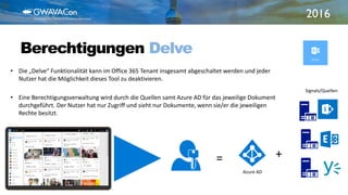 2016
19
• Die „Delve“ Funktionalität kann im Office 365 Tenant insgesamt abgeschaltet werden und jeder
Nutzer hat die Möglichkeit dieses Tool zu deaktivieren.
• Eine Berechtigungsverwaltung wird durch die Quellen samt Azure AD für das jeweilige Dokument
durchgeführt. Der Nutzer hat nur Zugriff und sieht nur Dokumente, wenn sie/er die jeweiligen
Rechte besitzt.
Azure AD
Signals/Quellen
+=
Berechtigungen Delve
 
