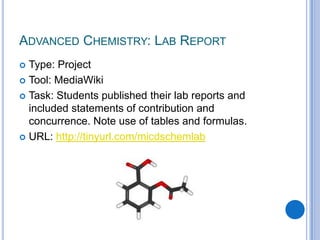Advanced Chemistry: Lab Report	Type: ProjectTool: MediaWikiTask: Students published their lab reports and included statements of contribution and concurrence. Note use of tables and formulas.URL: http://tinyurl.com/micdschemlab