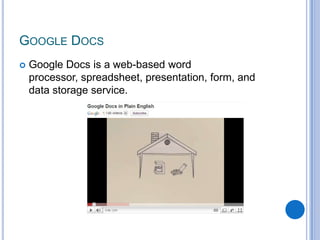 Google Docs is a web-based word processor, spreadsheet, presentation, form, and data storage service.Google Docs