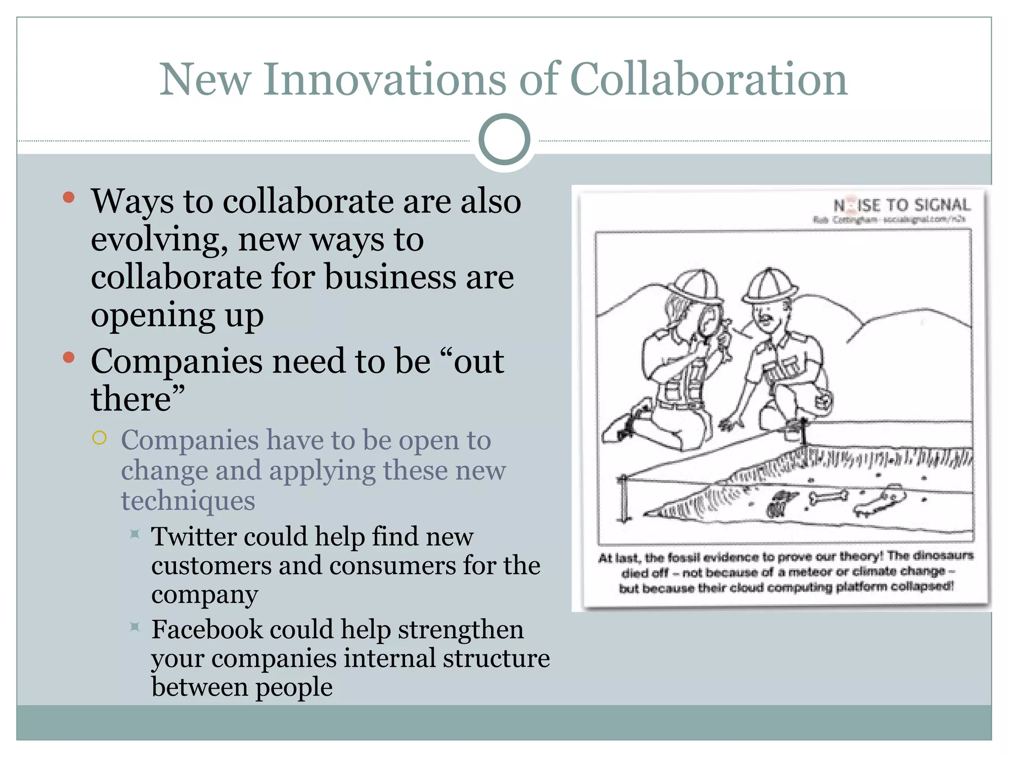 New Innovations of Collaboration Ways to collaborate are also evolving, new ways to collaborate for business are opening up Companies need to be “out there” Companies have to be open to change and applying these new techniques Twitter could help find new customers and consumers for the company Facebook could help strengthen your companies internal structure between people 