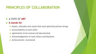 PRINCIPLES OF COLLABORATION
 A STATE OF ART
 A stands for
 Assets, attitudes and values that each potential partner brings
 Accountability to each other
 Agreements to be mutual and documented
 Acknowledgement of each others contributions
 Achievements -monitored
 