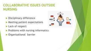 COLLABORATIVE ISSUES OUTSIDE
NURSING
 Disciplinary difference
 Meeting patient expectations
 Lack of respect
 Problems with nursing informatics
 Organizational barrier
 