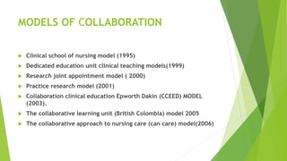MODELS OF COLLABORATION
 Clinical school of nursing model (1995)
 Dedicated education unit clinical teaching models(1999)
 Research joint appointment model ( 2000)
 Practice research model (2001)
 Collaboration clinical education Epworth Dakin (CCEED) MODEL
(2003).
 The collaborative learning unit (British Colombia) model 2005
 The collaborative approach to nursing care (can care) model(2006)
 
