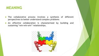 MEANING
 The collaborative process involves a synthesis of different
perspectives to better understand complex problems
 An effective collaboration is characterized by building and
sustaining “win-win-win” relationships.
 
