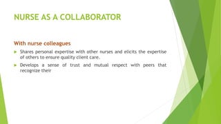 NURSE AS A COLLABORATOR
With nurse colleagues
 Shares personal expertise with other nurses and elicits the expertise
of others to ensure quality client care.
 Develops a sense of trust and mutual respect with peers that
recognize their
 