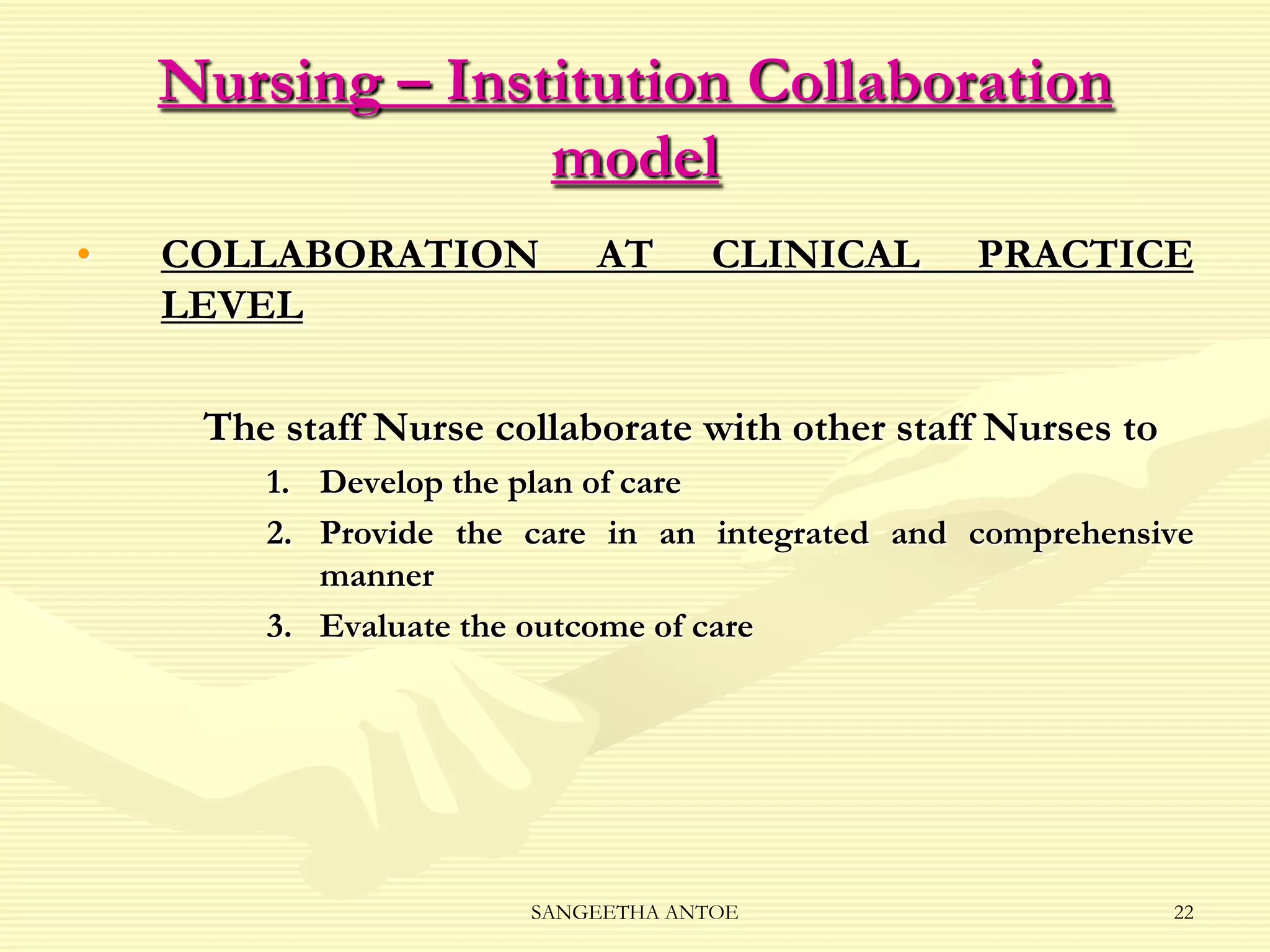 Nursing – Institution Collaboration
model
•

COLLABORATION
LEVEL

AT

CLINICAL

PRACTICE

The staff Nurse collaborate with other staff Nurses to
1. Develop the plan of care
2. Provide the care in an integrated and comprehensive
manner
3. Evaluate the outcome of care

SANGEETHA ANTOE

22

 