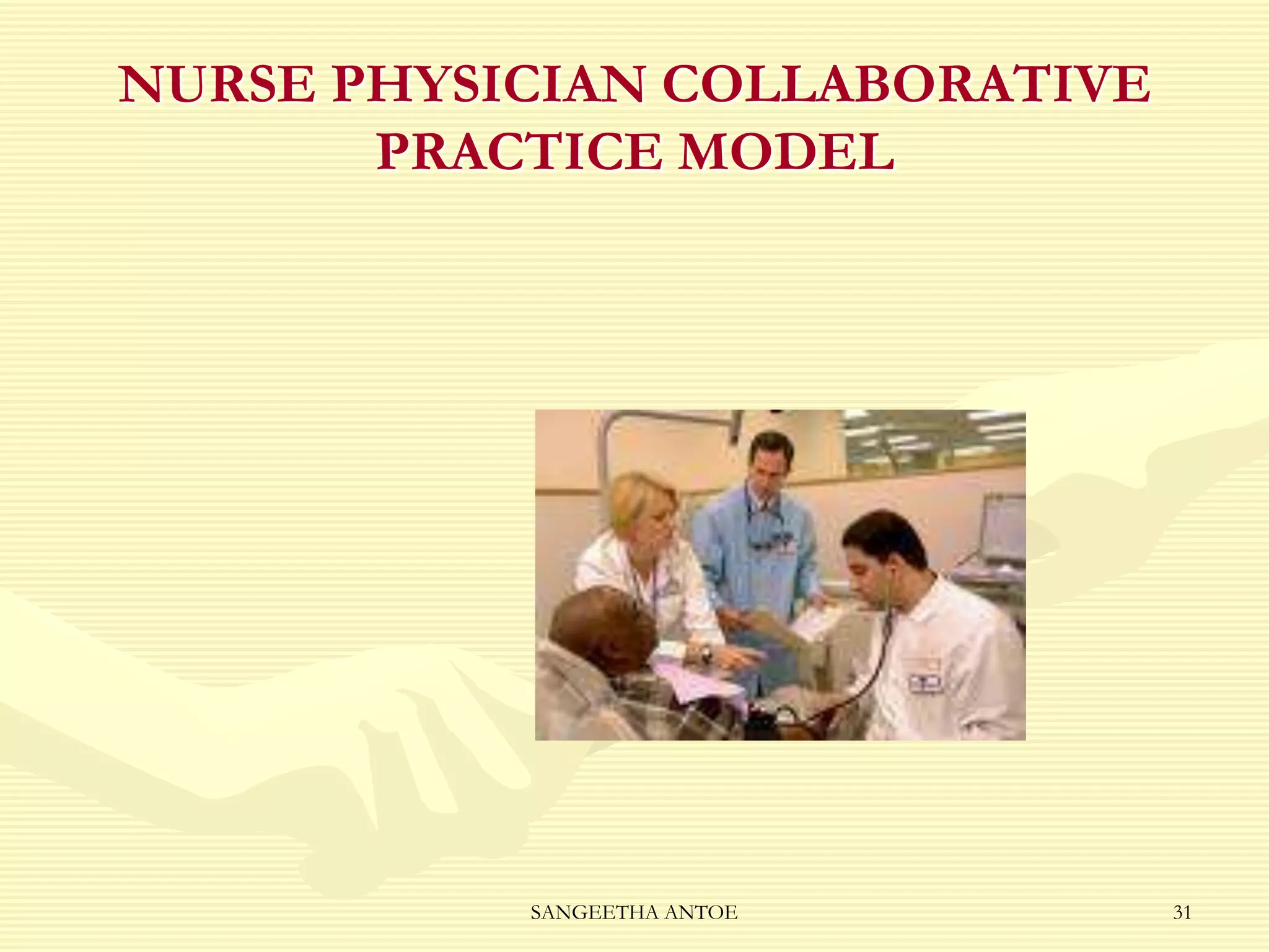 NURSE PHYSICIAN COLLABORATIVE
PRACTICE MODEL

SANGEETHA ANTOE

31

 