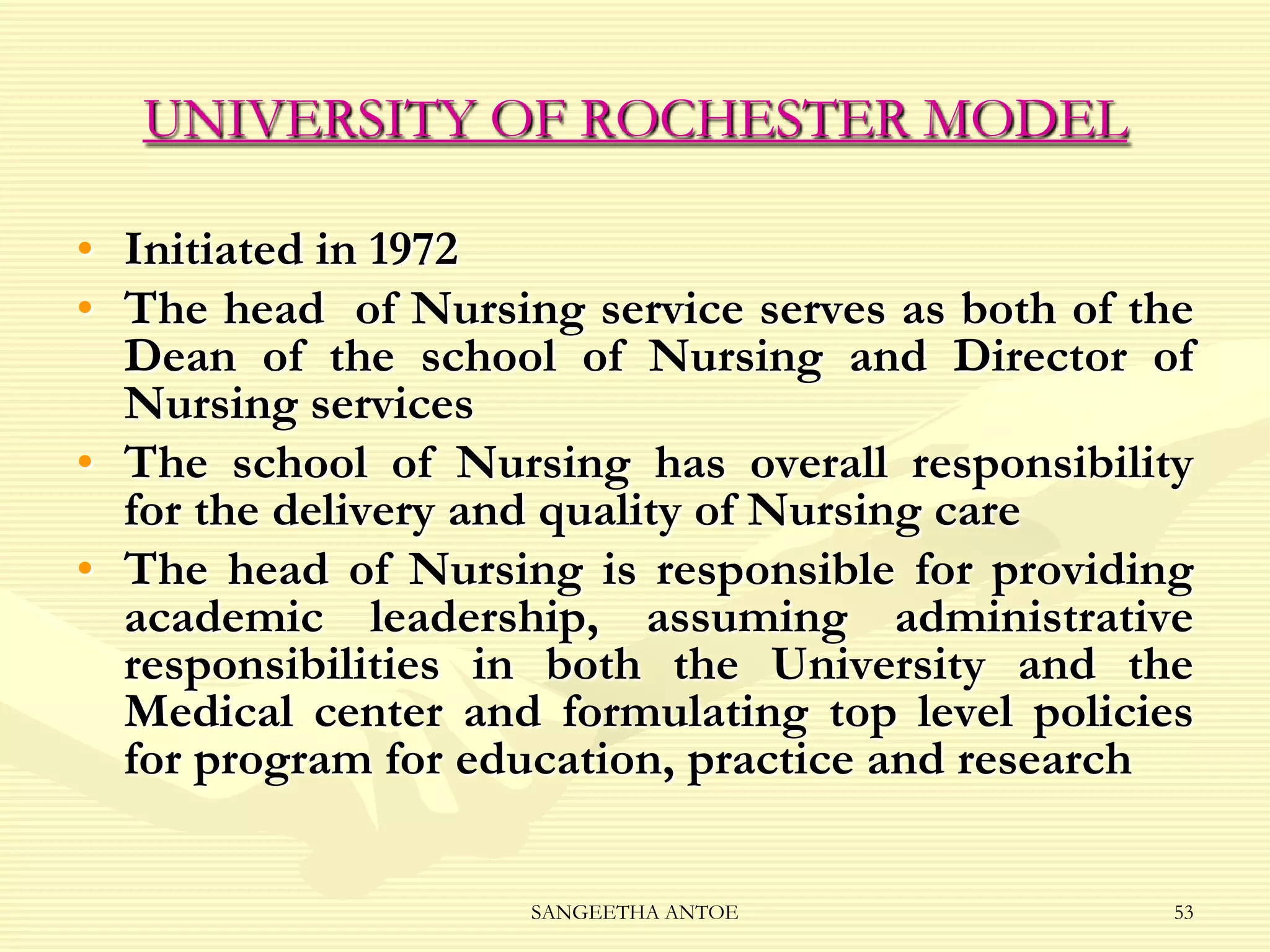 UNIVERSITY OF ROCHESTER MODEL
• Initiated in 1972
• The head of Nursing service serves as both of the
Dean of the school of Nursing and Director of
Nursing services
• The school of Nursing has overall responsibility
for the delivery and quality of Nursing care
• The head of Nursing is responsible for providing
academic leadership, assuming administrative
responsibilities in both the University and the
Medical center and formulating top level policies
for program for education, practice and research
SANGEETHA ANTOE

53

 