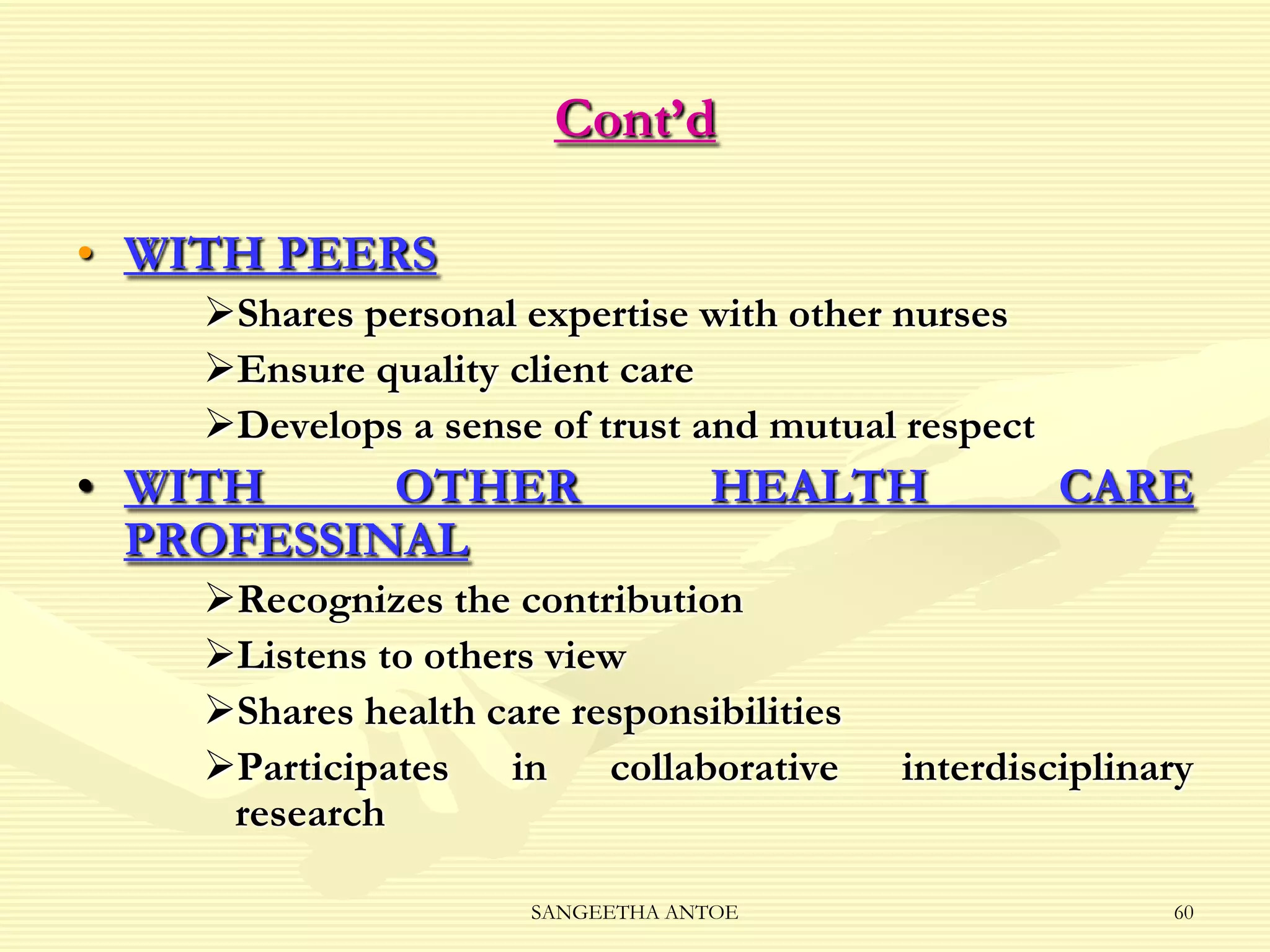 Cont’d
• WITH PEERS
Shares personal expertise with other nurses
Ensure quality client care
Develops a sense of trust and mutual respect

• WITH
OTHER
PROFESSINAL

HEALTH

Recognizes the contribution
Listens to others view
Shares health care responsibilities
Participates in collaborative
research
SANGEETHA ANTOE

CARE

interdisciplinary

60

 