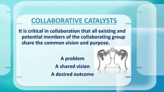 It is critical in collaboration that all existing and
potential members of the collaborating group
share the common vision and purpose.
A problem
A shared vision
A desired outcome
COLLABORATIVE CATALYSTS
 