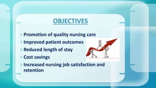  Promotion of quality nursing care
 Improved patient outcomes
 Reduced length of stay
 Cost savings
 Increased nursing job satisfaction and
retention
OBJECTIVES
 
