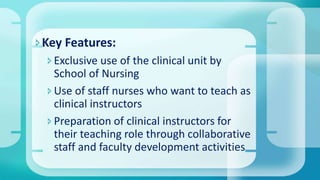 Key Features:
Exclusive use of the clinical unit by
School of Nursing
Use of staff nurses who want to teach as
clinical instructors
Preparation of clinical instructors for
their teaching role through collaborative
staff and faculty development activities
 