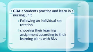 GOAL: Students practice and learn in a
nursing unit
Following an individual set
rotation
choosing their learning
assignment according to their
learning plans with RNs
 