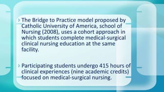 The Bridge to Practice model proposed by
Catholic University of America, school of
Nursing (2008), uses a cohort approach in
which students complete medical-surgical
clinical nursing education at the same
facility.
Participating students undergo 415 hours of
clinical experiences (nine academic credits)
focused on medical-surgical nursing.
 