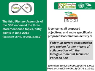 Subject
The third Plenary Assembly of
the GSP endorsed the three
aforementioned topics/entry
points in June 2015
(Document GSPPA: III/2015/2 Add.2)
It concerns all proposed
objectives, and more specifically
proposed Coordination activity 3
Follow up current collaboration
and explore further means of
collaboration with the
Intergovernmental Technical
Panel on Soil
(Objectives see ICCD/COP(12)/CST/6 p. 9-10
Coord. act. seeICCD/COP(12)/CST/6 p. 10-11)
 