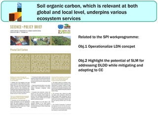 Related to the SPI workprogramme:
Obj.1 Operationalize LDN concpet
Obj.2 Highlight the potential of SLM for
addressing DLDD while mitigating and
adapting to CC
Soil organic carbon, which is relevant at both
global and local level, underpins various
ecosystem services
 