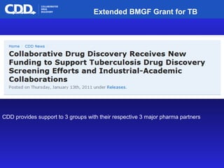CDD provides support to 3 groups with their respective 3 major pharma partners Extended BMGF Grant for TB 