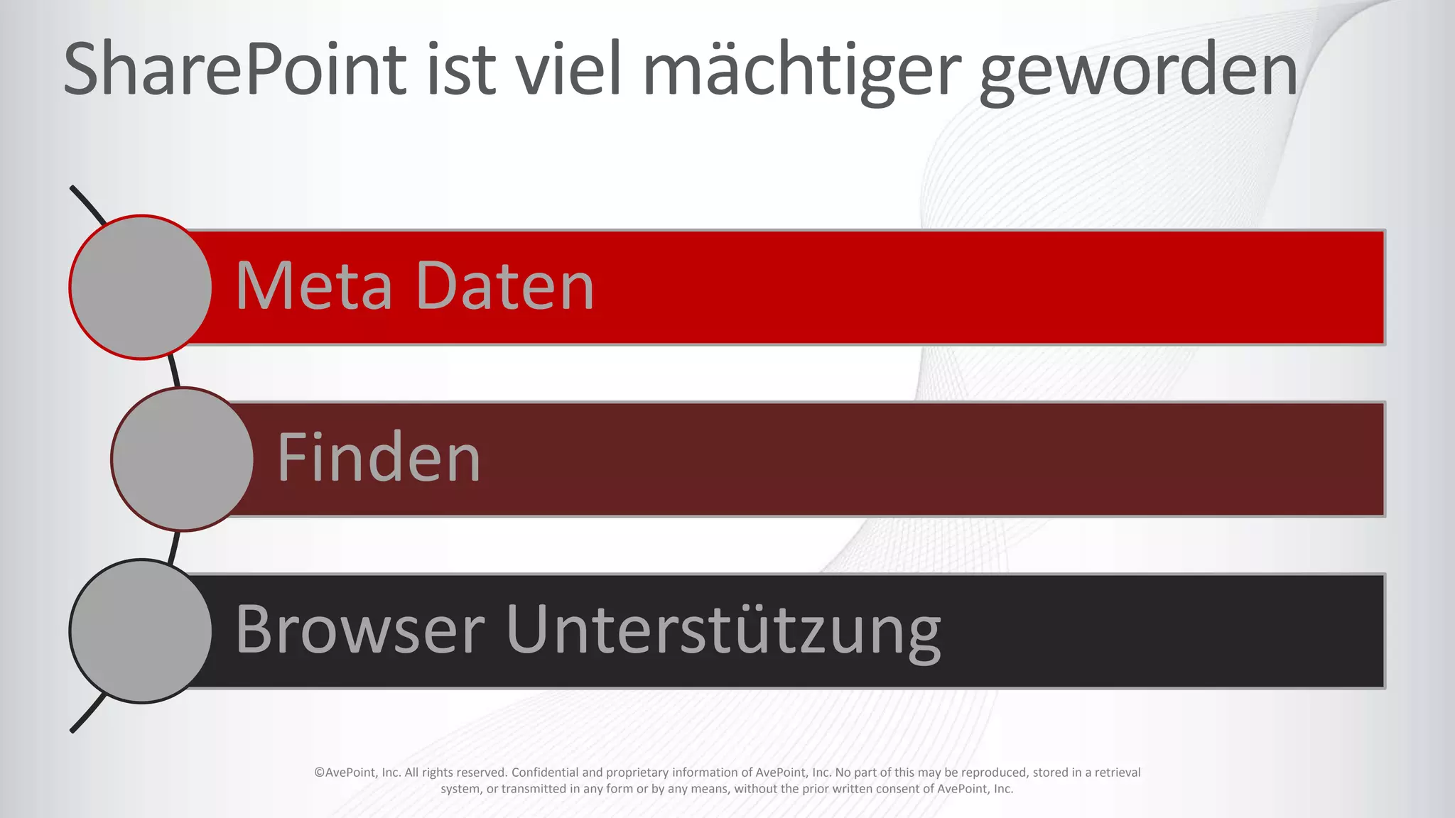 ©AvePoint, Inc. All rights reserved. Confidential and proprietary information of AvePoint, Inc. No part of this may be reproduced, stored in a retrieval
system, or transmitted in any form or by any means, without the prior written consent of AvePoint, Inc.
Meta Daten
Finden
Browser Unterstützung
 