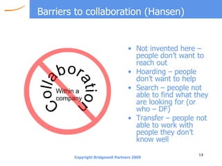 Barriers to collaboration (Hansen) Not invented here – people don’t want to reach out Hoarding – people don’t want to help Search – people not able to find what they are looking for (or who – DF) Transfer – people not able to work with people they don’t know well 