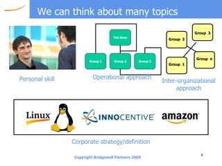 We can think about many topics Personal skill Operational approach Corporate strategy/definition Inter-organizational approach The Boss Group 1 Group 2 Group 3 Group  3 Group  2 Group  1 Group  n 