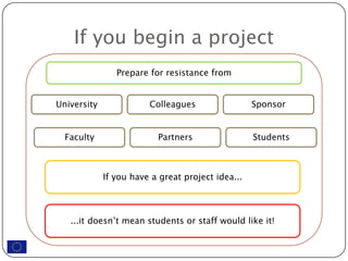 If you begin a project
                Prepare for resistance from


University              Colleagues                 Sponsor


  Faculty                 Partners                 Students



             If you have a great project idea...




   ...it doesn’t mean students or staff would like it!
 
