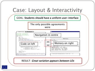Case: Layout & Interactivity
 GOAL: Students should have a uniform user-interface

            The only possible agreements
                        were


                   Navigation in centre


    Code on left                   Memory on right




     RESULT: Great variation appears between LOs
 