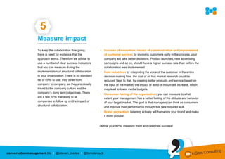 5
                  Measure impact
                  ……………………………………….

                  To keep the collaboration flow going,        • Success of innovation, impact of communication and improvement
                  there is need for evidence that the            of customer service: by involving customers early in the process, your
                  approach works. Therefore we advise to         company will take better decisions. Product launches, new advertising
                  use a number of clear success indicators       campaigns and so on, should have a higher success rate than before the
                  that you can measure during the                collaboration was implemented.
                  implementation of structural collaboration   • Cost reduction: by integrating the voice of the customer in the entire
                  in your organization. There is no standard     decision making flow, the cost of ad hoc market research could be
                  list of KPIs to use; they differ from          reduced. Next to that, by creating better products and service based on
                  company to company, as they are closely        the input of the market, the impact of word-of-mouth will increase, which
                  linked to the company culture and the          may lead to lower media budgets.
                  company’s (long term) objectives. There      • Consumer feeling of the organization: you can measure to what
                  are a few KPIs that apply to all               extent your management has a better feeling of the attitude and behavior
                  companies to follow up on the impact of        of your target market. The goal is that managers can think as consumers
                  structural collaboration:                      and improve their performance through this new required skill.
                                                               • Brand perception: listening actively will humanize your brand and make
                                                                 it more popular.


                                                               Define your KPIs, measure them and celebrate success!




conversationmanagement.biz I @steven_insites I @tomderuyck
 