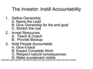 The Investor: Instill Accountability Define Ownership A. Name the Lead B. Give Ownership for the end goal C. Stretch the roal Invest Resources A.  Teach & Coach B.  Provide Backup Hold People Accountable A. Give it back B. Expect Complete Work C. Respect natural consequences D. Make scoreboard visible Multipliers get involved in operational details, but they keep the ownership with other people. 