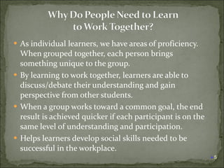 As individual learners, we have areas of proficiency.  When grouped together, each person brings something unique to the group. By learning to work together, learners are able to discuss/debate their understanding and gain perspective from other students. When a group works toward a common goal, the end result is achieved quicker if each participant is on the same level of understanding and participation. Helps learners develop social skills needed to be successful in the workplace. 