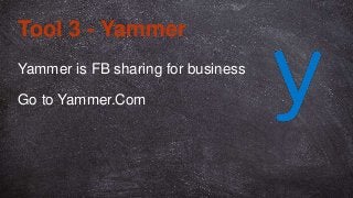 Yammer is FB sharing for business
Tool 3 - Yammer
Go to Yammer.Com
 