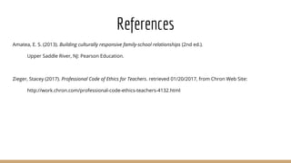 References
Amatea, E. S. (2013). Building culturally responsive family-school relationships (2nd ed.).
Upper Saddle River, NJ: Pearson Education.
Zieger, Stacey (2017). Professional Code of Ethics for Teachers. retrieved 01/20/2017, from Chron Web Site:
http://work.chron.com/professional-code-ethics-teachers-4132.html
 