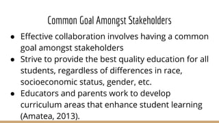 Common Goal Amongst Stakeholders
● Effective collaboration involves having a common
goal amongst stakeholders
● Strive to provide the best quality education for all
students, regardless of differences in race,
socioeconomic status, gender, etc.
● Educators and parents work to develop
curriculum areas that enhance student learning
(Amatea, 2013).
 