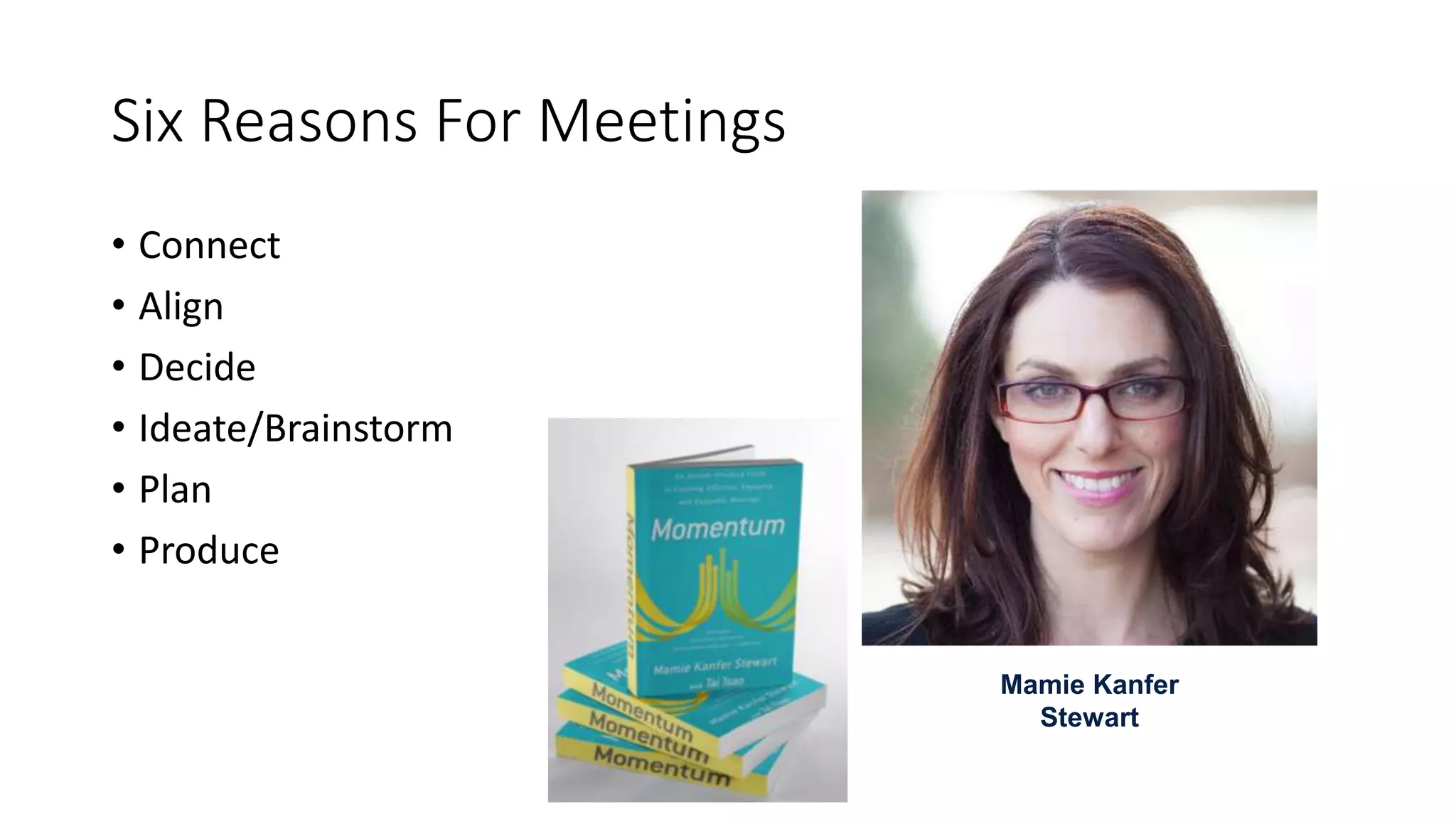 Six Reasons For Meetings
• Connect
• Align
• Decide
• Ideate/Brainstorm
• Plan
• Produce
Mamie Kanfer
Stewart
 
