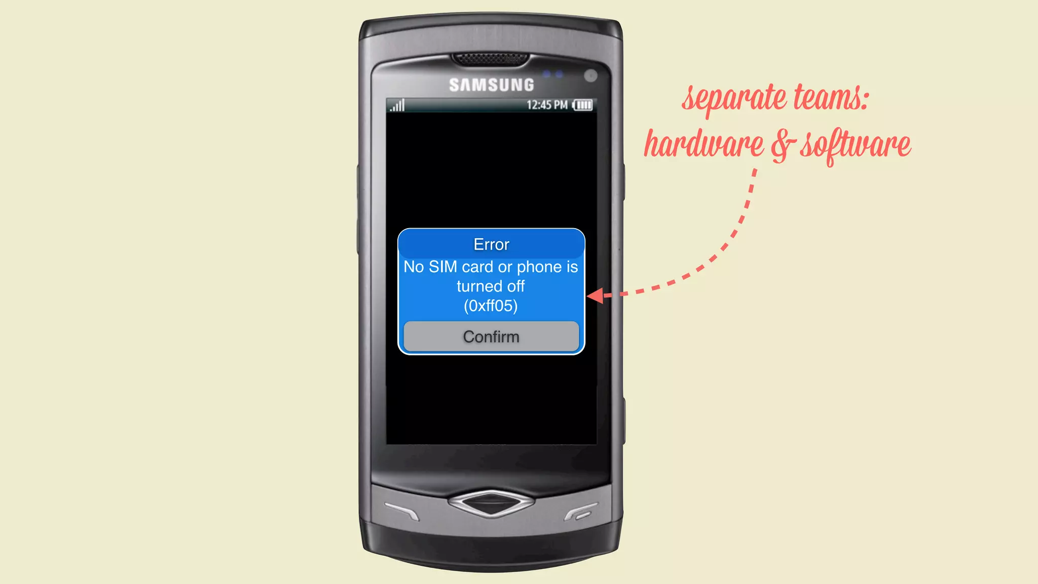 separate teams:
hardware & software
Error
No SIM card or phone is
turned off
(0xff05)
Conﬁrm

 
