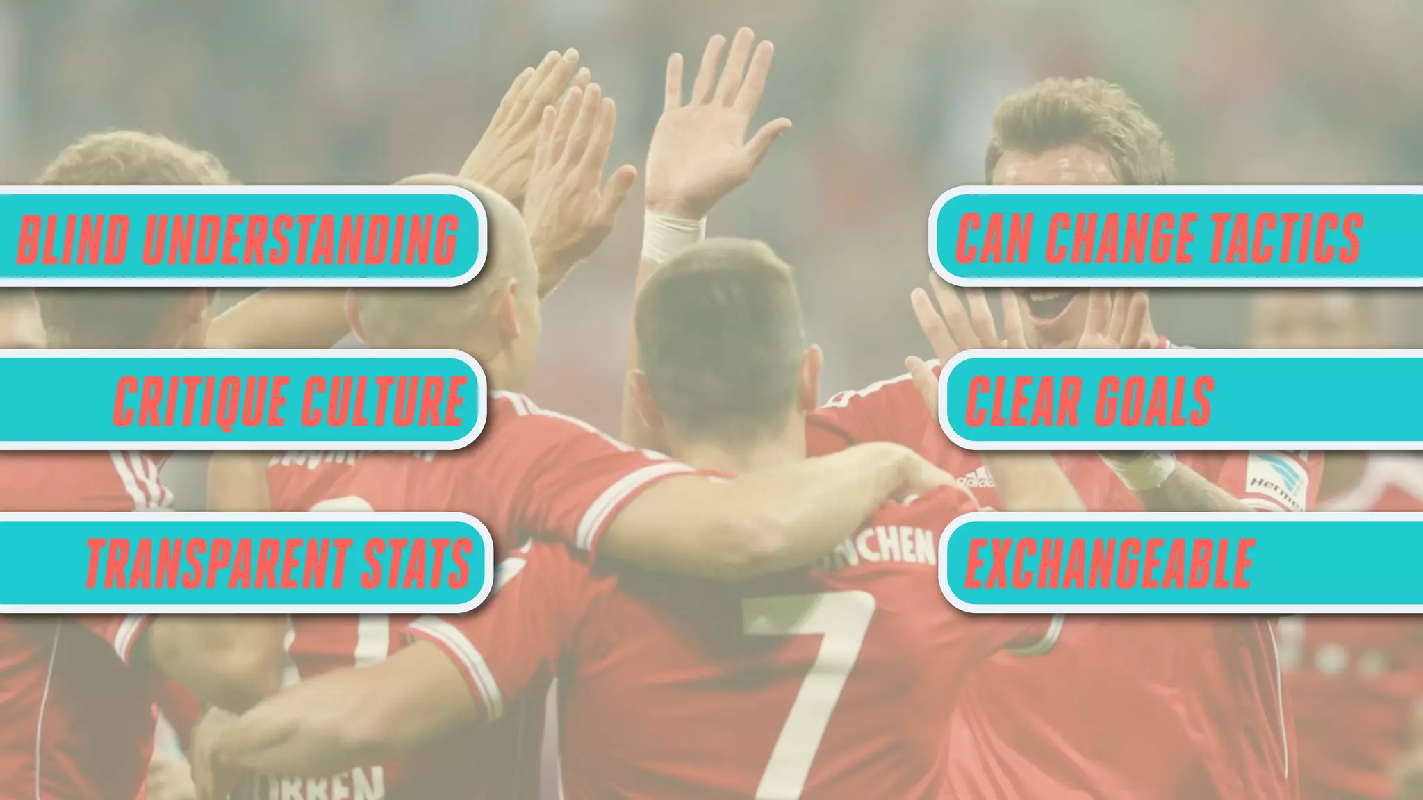 BLIND UNDERSTANDING

CAN CHANGE TACTICS

CRITIQUE CULTURE

CLEAR GOALS

TRANSPARENT STATS

EXCHANGEABLE

 